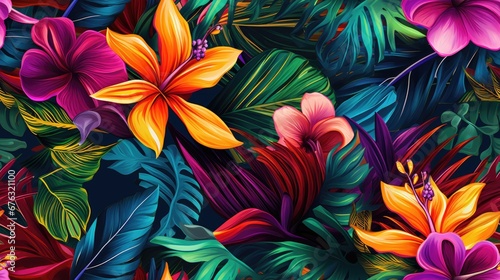 Tropical floral seamless pattern background with exotic flowers, Botanical wallpaper illustration in Hawaiian style