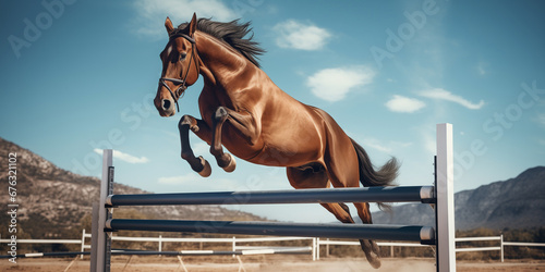 a brown horse jumping over an obstacle