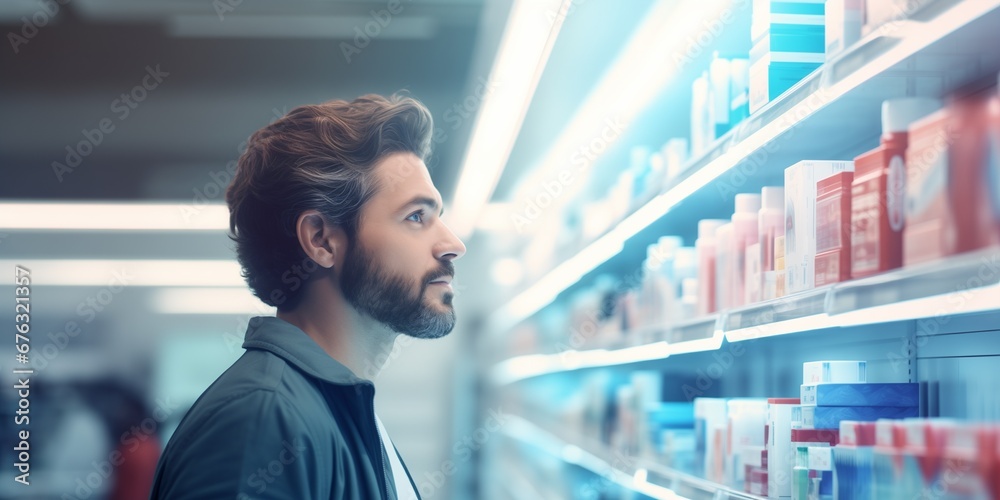 man looking at the products on the shelf - obrazy, fototapety, plakaty 