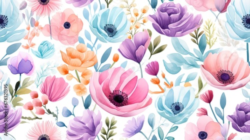 Watercolor flowers seamless pattern  woodland Flowers Clipart illustration on white abstract background