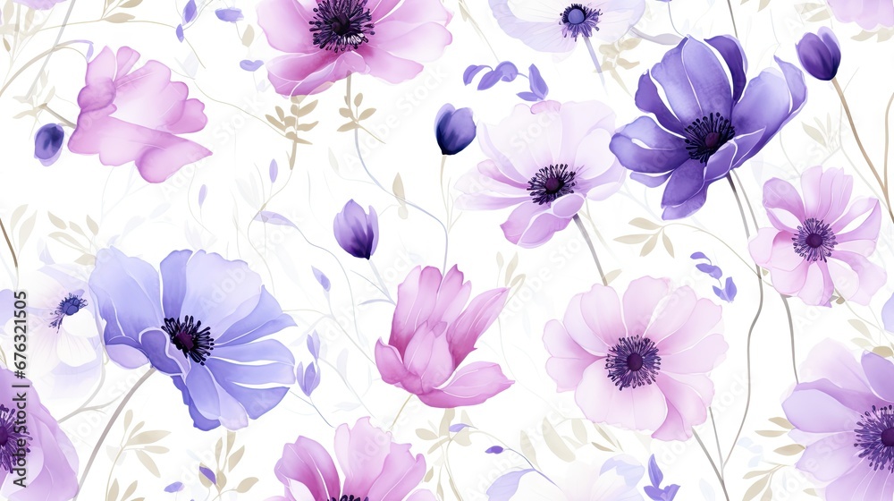 Watercolor purple flowers seamless pattern, woodland Flowers on white abstract background