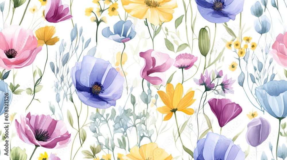 Watercolor flowers seamless pattern, woodland Flowers Clipart illustration on white abstract background
