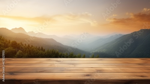 A wooden table or chair next to a beautiful lake or mountain range. photo