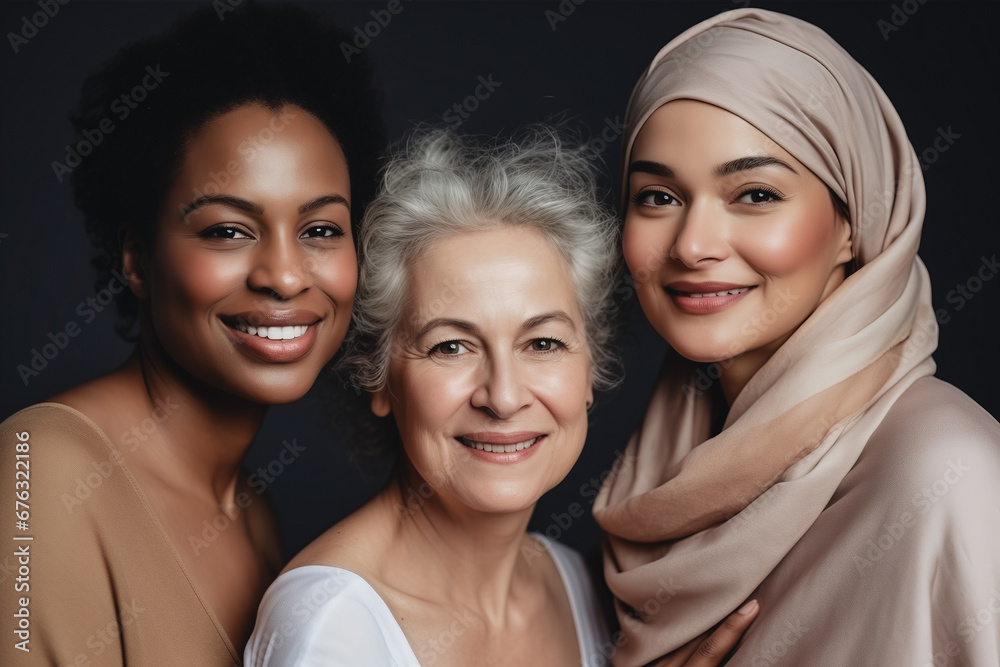 Multiethnic Muslim Portrait of beautiful young girl and elderly woman in headscarf in studio Multiethnic Muslim Portrait of beautiful young girl and elderly woman in headscarf in studio