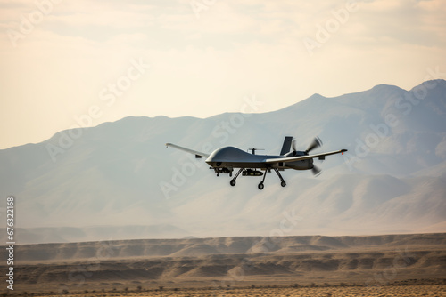 Automatic Drone for reconnaissance operation of enemy positions. Concept cyber technology robot in modern war