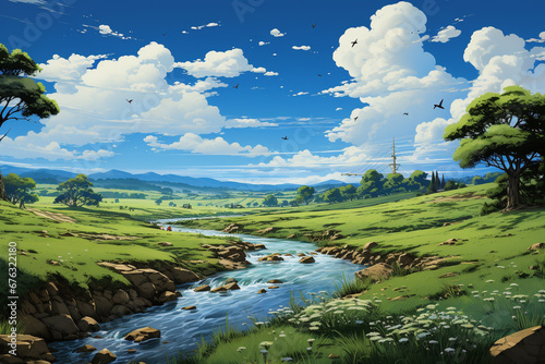 Immerse yourself in the serenity of nature with this picturesque scene of a beautiful green field under a vast blue sky with a solitary tree and a small creek or river. Ai generated