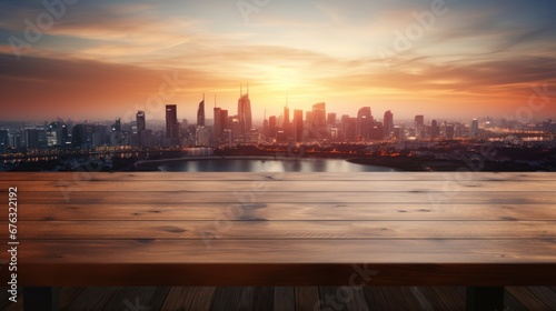 Empty wooden table for placing products on the background of big city, condominium, business and nature