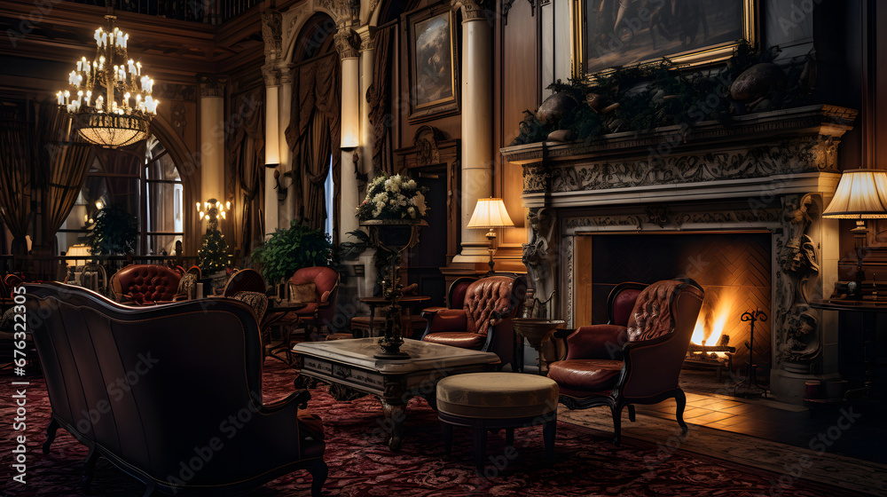a hauntingly beautiful scene set in the vast, opulent lounge of a century-old Art Nouveau-style hotel - Generated by AI  - obrazy, fototapety, plakaty 