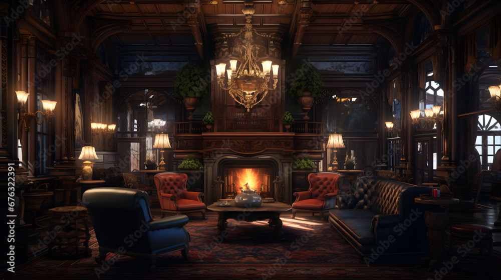 a hauntingly beautiful scene set in the vast, opulent lounge of a century-old Art Nouveau-style hotel - Generated by AI a hauntingly beautiful scene set in the vast, opulent lounge of a century-old Art Nouveau-style hotel - Generated by AI