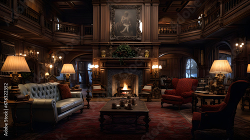 a hauntingly beautiful scene set in the vast, opulent lounge of a century-old Art Nouveau-style hotel - Generated by AI 