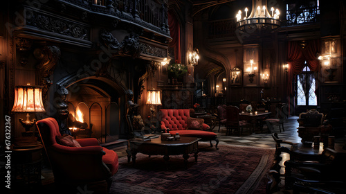 a hauntingly beautiful scene set in the vast  opulent lounge of a century-old Art Nouveau-style hotel - Generated by AI 