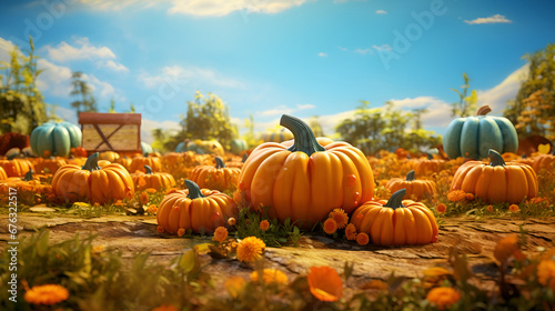 Pumpkin patch on sunny Autumn day. Colorful pumpkins on field. Huge Pumpkin Field With A Variety Of Pumpkins With A Touch Of Halloween Atmosphere Created By Artificial Intelligence