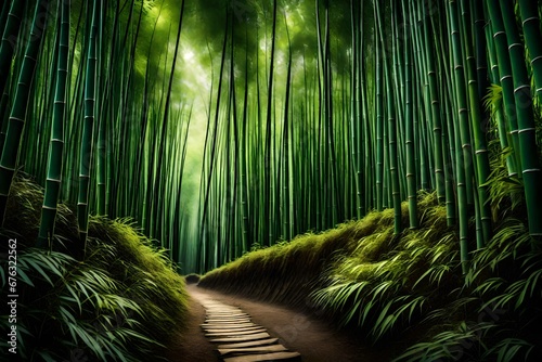 A tranquil bamboo forest with a hidden path leading to an unknown adventure.