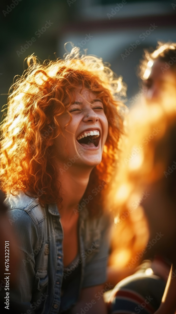 Radiant young woman with fiery red curls laughing heartily, bathed in a golden sunset glow.