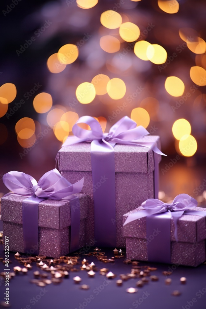 Close up of a purple gift with a bow for the New Year and Christmas. A boxed gift for a birthday or Valentine's Day. Blurred purple background. Golden confetti on the ground. Close up of a purple gift with a bow for the New Year and Christmas. A boxed gift for a birthday or Valentine's Day. Blurred purple background. Golden confetti on the ground.