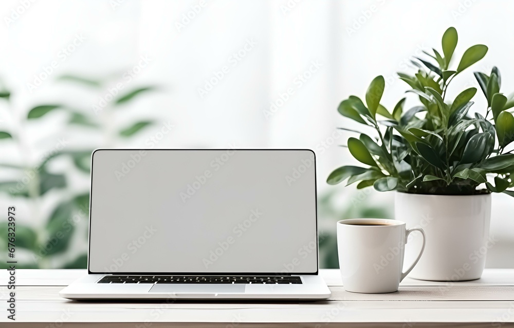 Fototapeta premium laptop, coffee cup and plant on white wooden table, office work concept