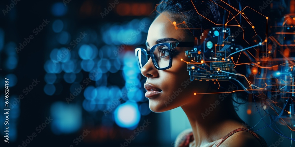 portrait of woman in glasses working with electronic circuits portrait of woman in glasses working with electronic circuits