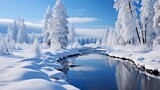 Winter landscape with river and trees, generative ai 