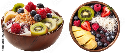 Acai bowl with coconut and tropical fruits (side and top view) isolated on white background, breakfast bundle photo