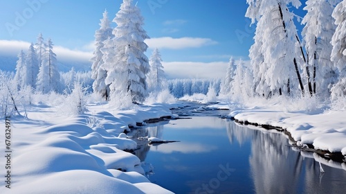 Winter landscape with river and trees, generative ai 
