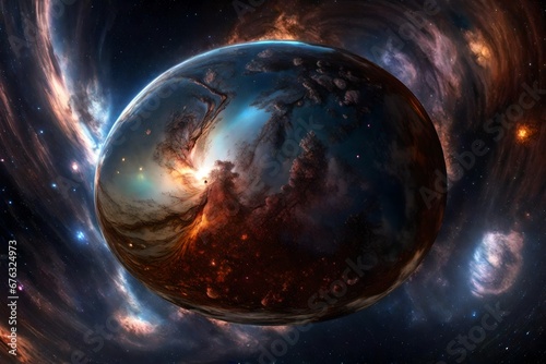 Forge an awe-inspiring HDRI spherical panorama capturing a cosmic dance of nebulae, stars, and abstract energy.