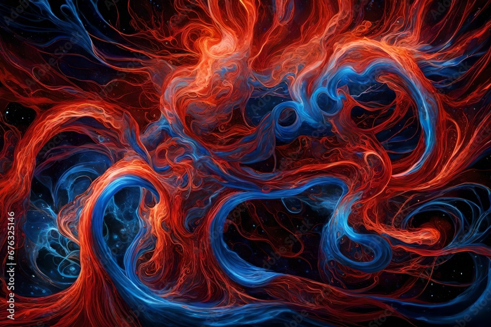 Fiery crimson and electric blue liquids intertwining in a dance of cosmic energy.