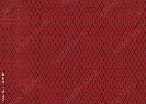 Abstract pattern of a black grid with stylized sinuous lines forming the hexagonal cells against a red gradient background