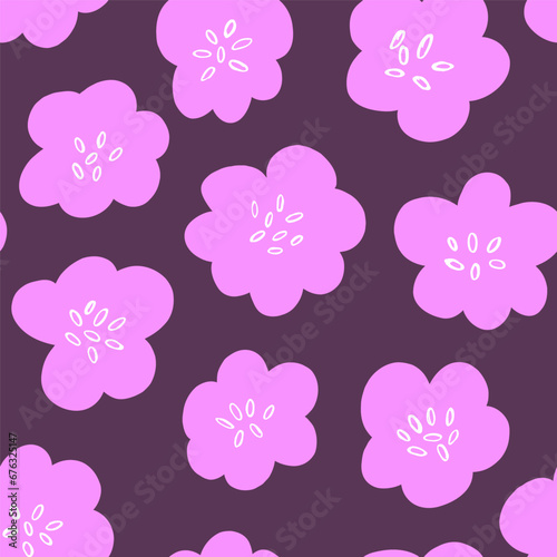 Vector seamless pattern with simple violet flowers on dark background. Simple doodle flowers, spring bloom pattern design. Vector illustration