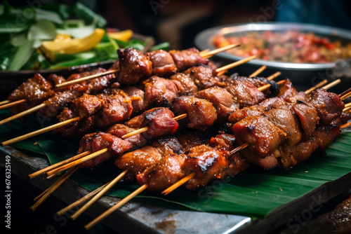 Indulge in the vibrant flavors of Thailand with our delectable street food featuring succulent meat skewers  a culinary journey through the bustling streets of Thai gastronomy. Ai generated