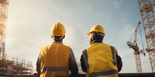 two construction workers looking at the building