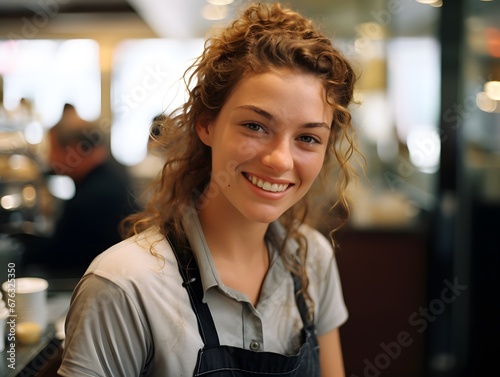 Youthful Barista Charm: Candid Shot of a Smiling 20-Year-Old Working Behind the Counter