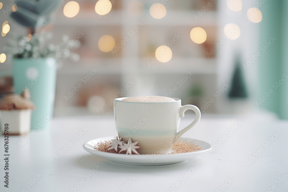 Bright and light room with a decorated cup of coffee on a table, some candies and cookies on a saucer Bright and light room with a decorated cup of coffee on a table, some candies and cookies on a saucer