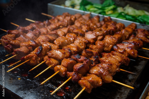 Indulge in the vibrant flavors of Thailand with our delectable street food featuring succulent meat skewers, a culinary journey through the bustling streets of Thai gastronomy. Ai generated
