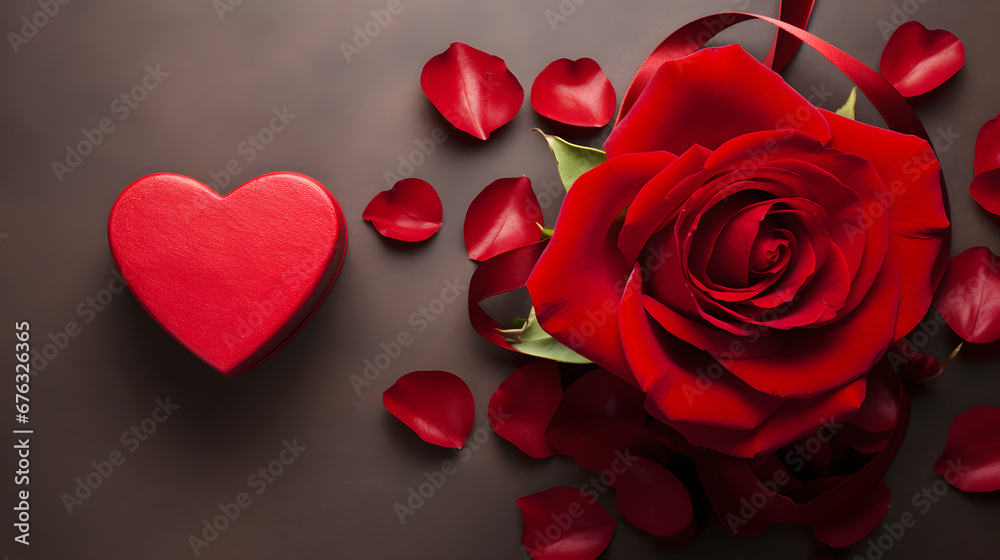 A red heart with a gift box and red rose on the top , top down shot - Valentine's Day Celebrations background A red heart with a gift box and red rose on the top , top down shot - Valentine's Day Celebrations background
