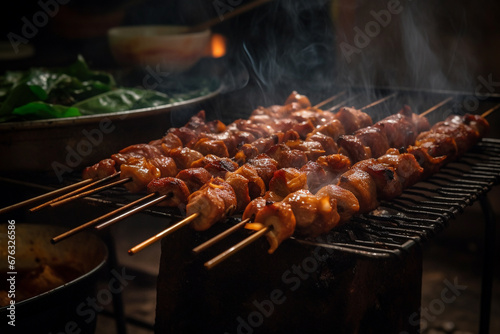 Indulge in the vibrant flavors of Thailand with our delectable street food featuring succulent meat skewers, a culinary journey through the bustling streets of Thai gastronomy. Ai generated
