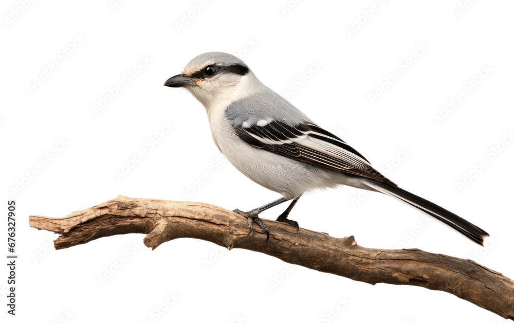Beautiful Southern Grey Shrike Bird on White or PNG Transparent Background.