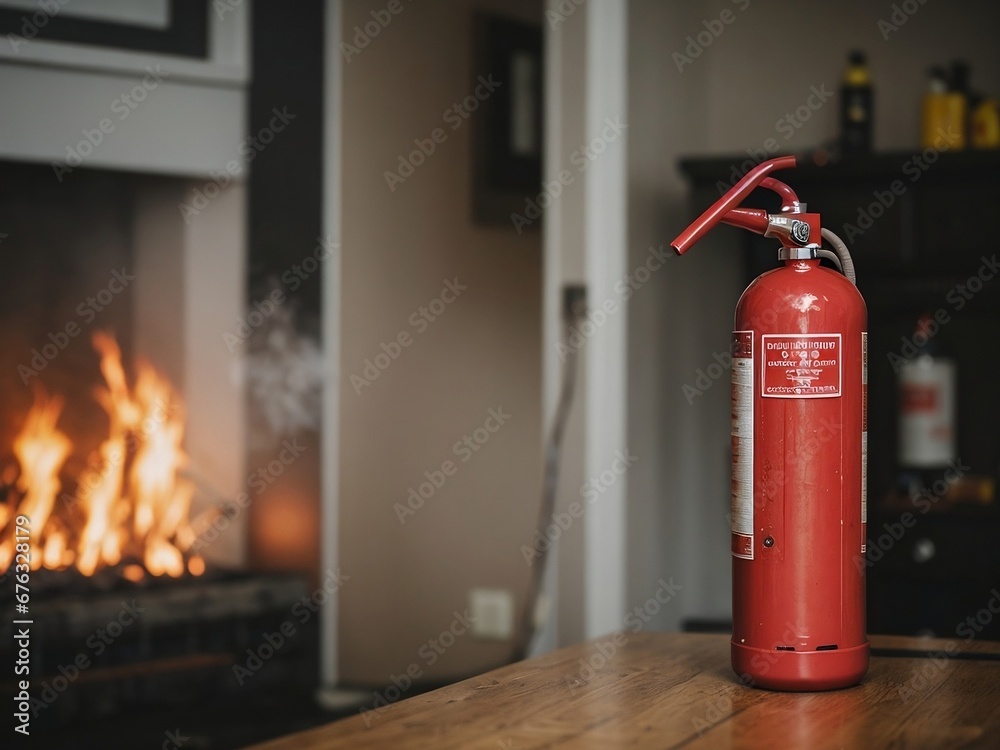 Red fire extinguisher in the house. Fire safety concept. Red fire extinguisher in the house. Fire safety concept.