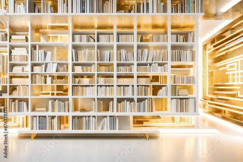 A futuristic white and gold bookshelf filled with beautifully arranged books  against a backdrop of geometric abstract patterns.