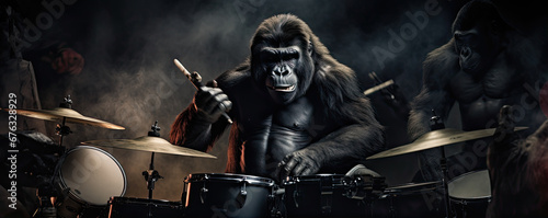 Gorilla playing at drumms in a Band. Funny Gorilla rock band. photo