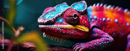Chameleon in various colors. Colorful lizard detail. photo