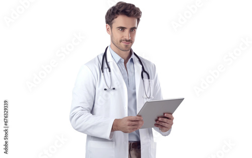 Handsome Young Male Doctor Wearing a White Jacket and Holding a Patient File on White or PNG Transparent Background.