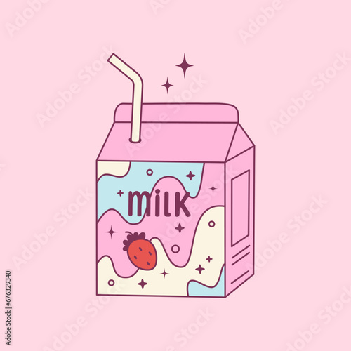 Strawberry milk in square cardboard pack with straw. Cute drawing of girly drink in paper box. Y2k sticker design for card, poster, collage. Vector illustration.
