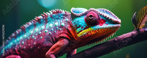 Chameleon in various colors. Colorful lizard detail. © Milan