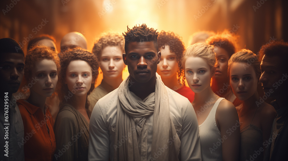 Unity of races and social classes. Multiracial group of people 