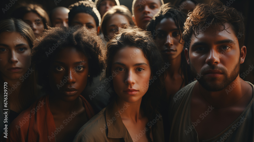 Unity of races and social classes. Multiracial group of people 