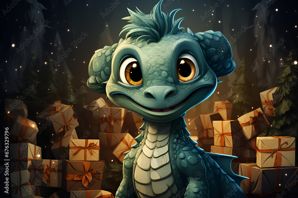 Obraz premium Green dragon on festive New Year background generated AI