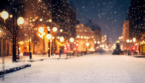 Rozświetlone, rozmyte ulice zimowego, świątecznego miast.  © Monika