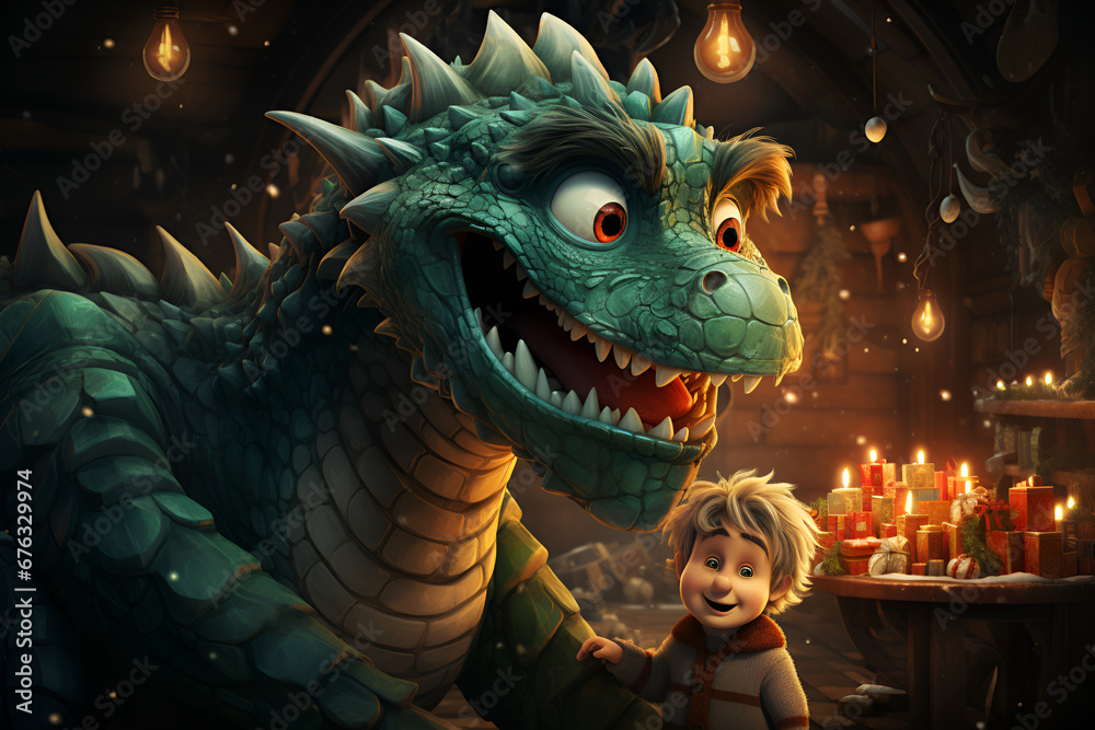 Green dragon and boy on festive background generated AI