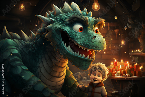 Green dragon and boy on festive background generated AI