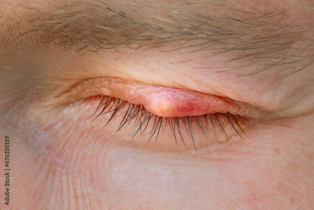 Burst abscess, inflamed area of the eyelid. Chalazion, slow-growing lump or cyst that develops within the eyelid. Eye diseas with swollen, inflamed eyelid. Chalazion on upper eyelid closeup. - obrazy, fototapety, plakaty 